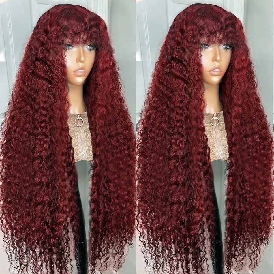 

Curly Wig with Bangs Human Hair 99J Burgundy Water Wave Color Wigs Red wig with Bangs Colored 100% Brazilian Human Hair