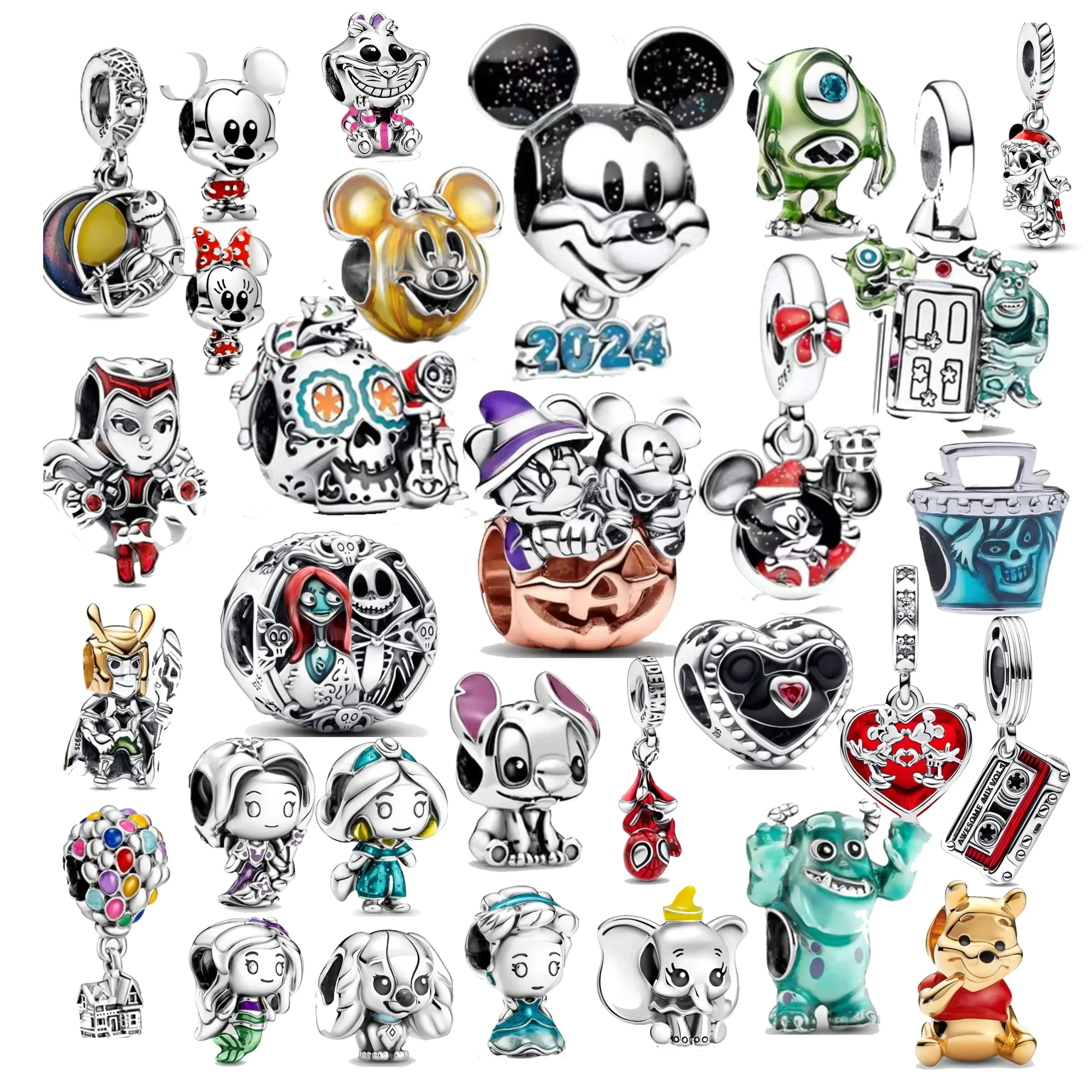 Disney 925 Silver Princess Pumpkin Cart Mickey Minnie Dumbo Halloween Alien Charm Pooh Stitch Bead Pandora Bracelets DIY Jewelry