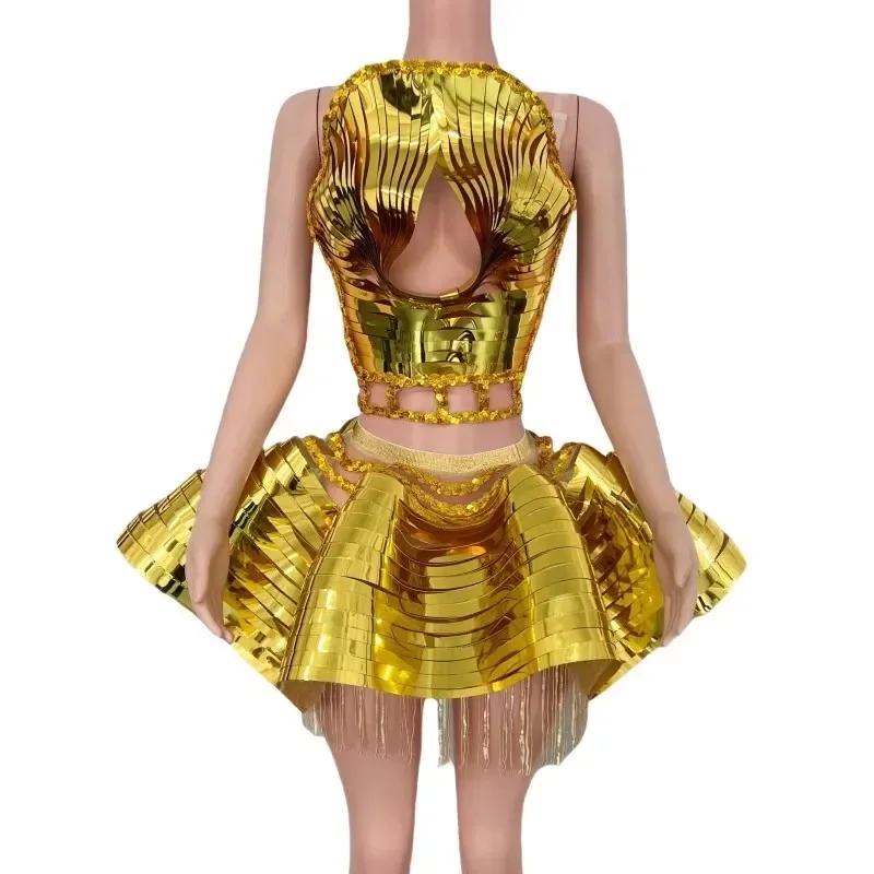 Birthday Catwalk Dance Outfit Women Gold Sequin Tassel 2 Pieces Set Bar Singer Nightclub Concert Stage Performance Costume Party