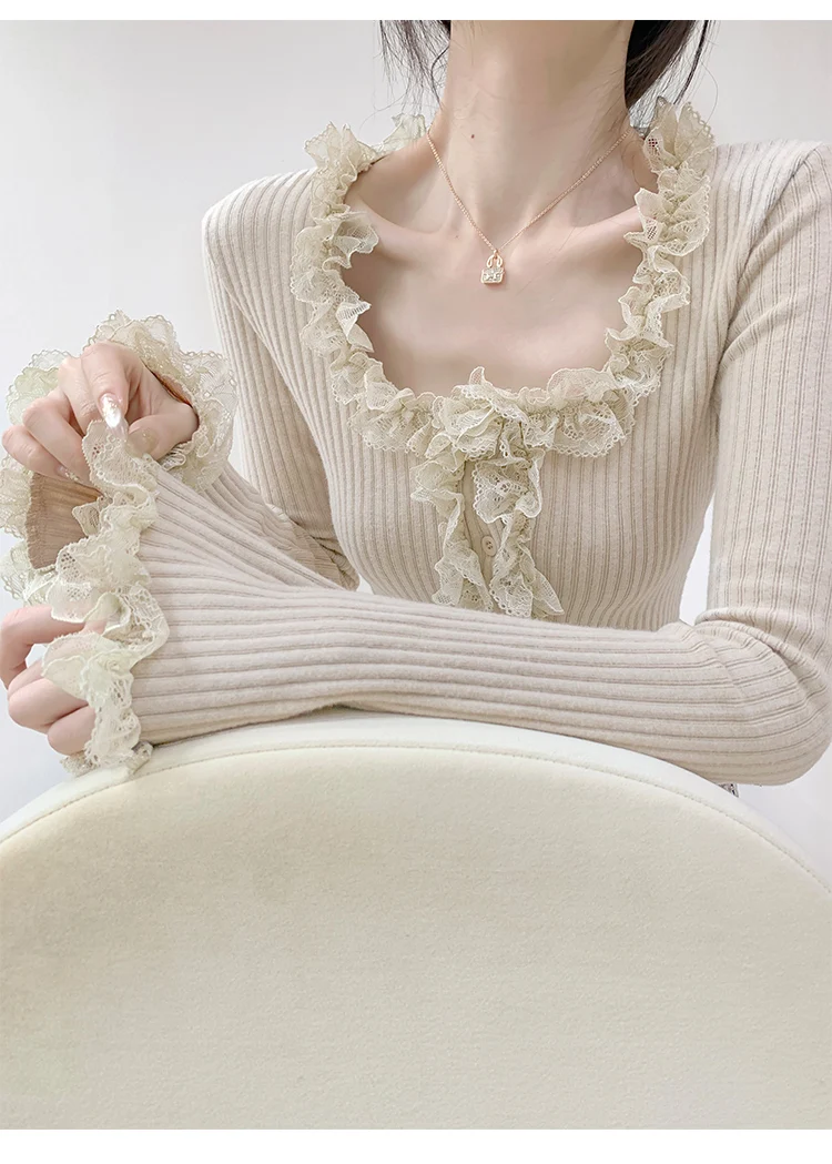 2026 Quadratischer Kragen Spitzenbesatz Langarm-Strickpullover Damen Retro Kurzer Stil Schlanke Oberteile Einreihige Strickjacke – Detail 13