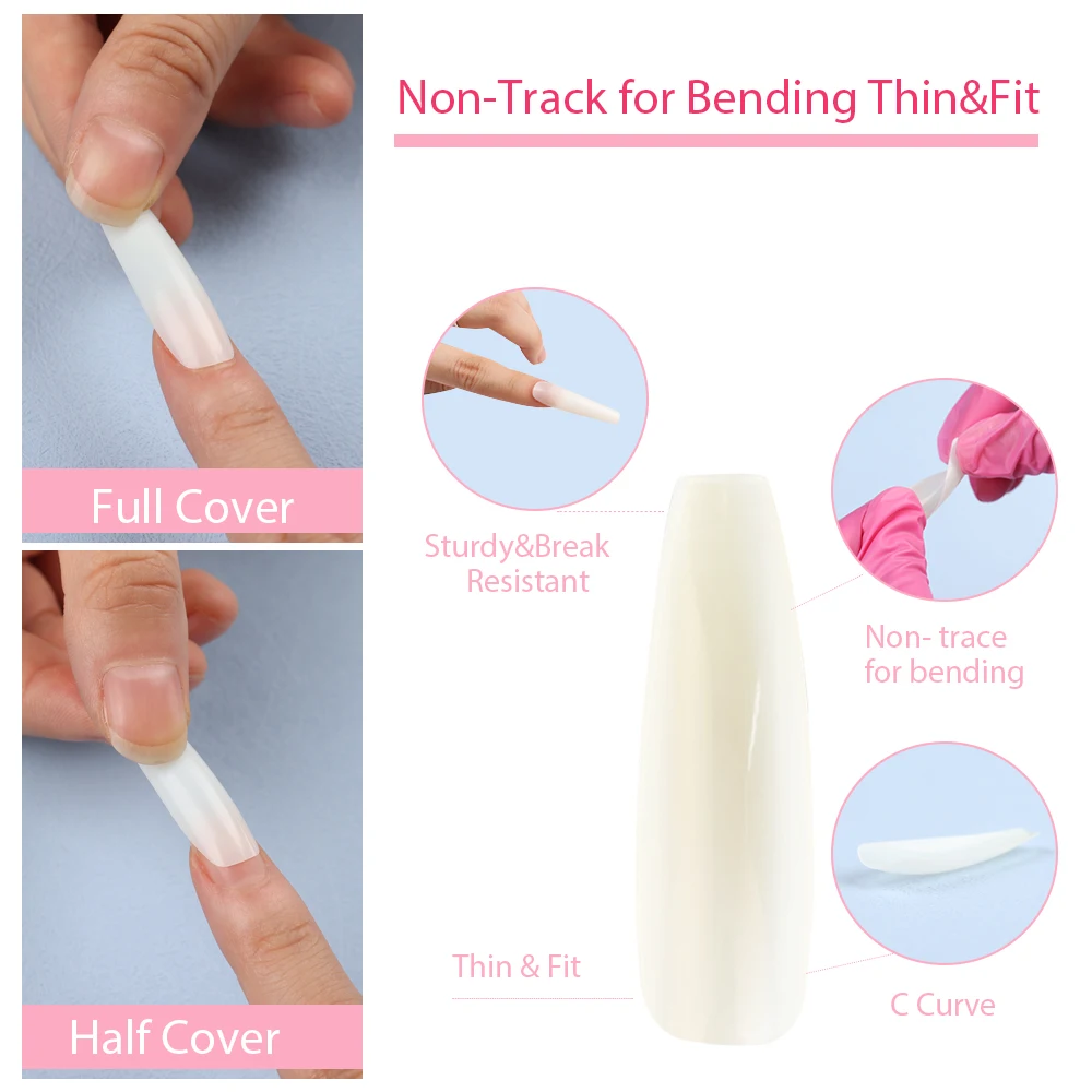 500 Pcs Coffin Nail Tips, Natural Color Acrylic Nail Tips Full Cover Artificial False Nails for DIY Nail Art or Silicone Hand