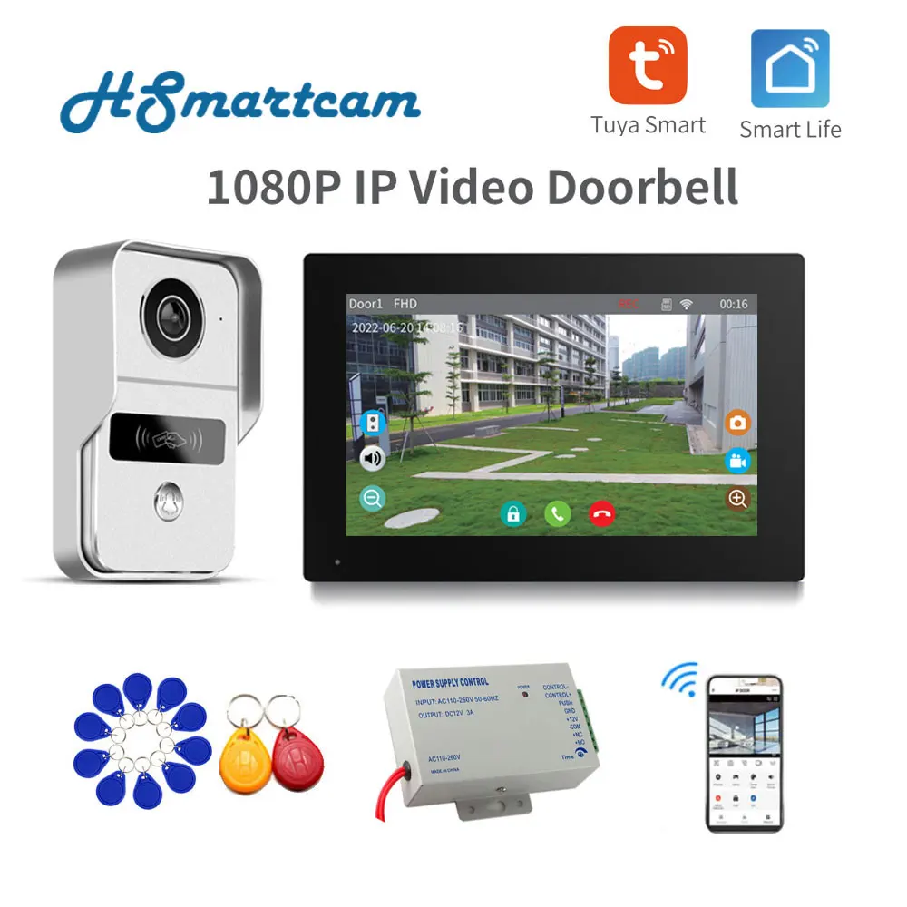 Tuya 1080P AHD 7 Inch Color Touch Screen Wireless Wifi  Video Doorbell Smart APP Home Intercom for RFID Access Control System