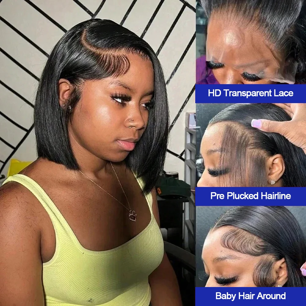 Short Wig Lace Frontal Wigs for Black Women 16 Inch Bone Straight Bob Wig Human Hair 13x4 13x6 HD Lace Frontal Wigs Human Hair Pre Plucked 250% High Density Glueless Human Hair Wig Cheap Natural Black Wig Female