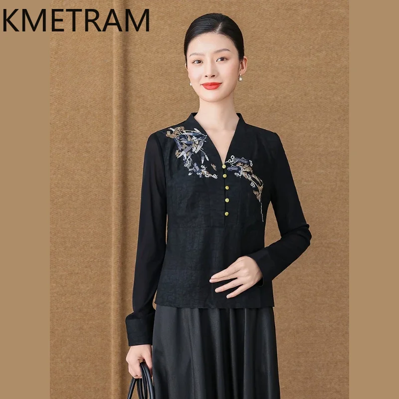 

KMETRAM 100% Mulberry Silk Women Shirt 2026 Spring Retro Embroidered V-neck Netted Sleeves Blouse Woman Clothes Roupas Femininas