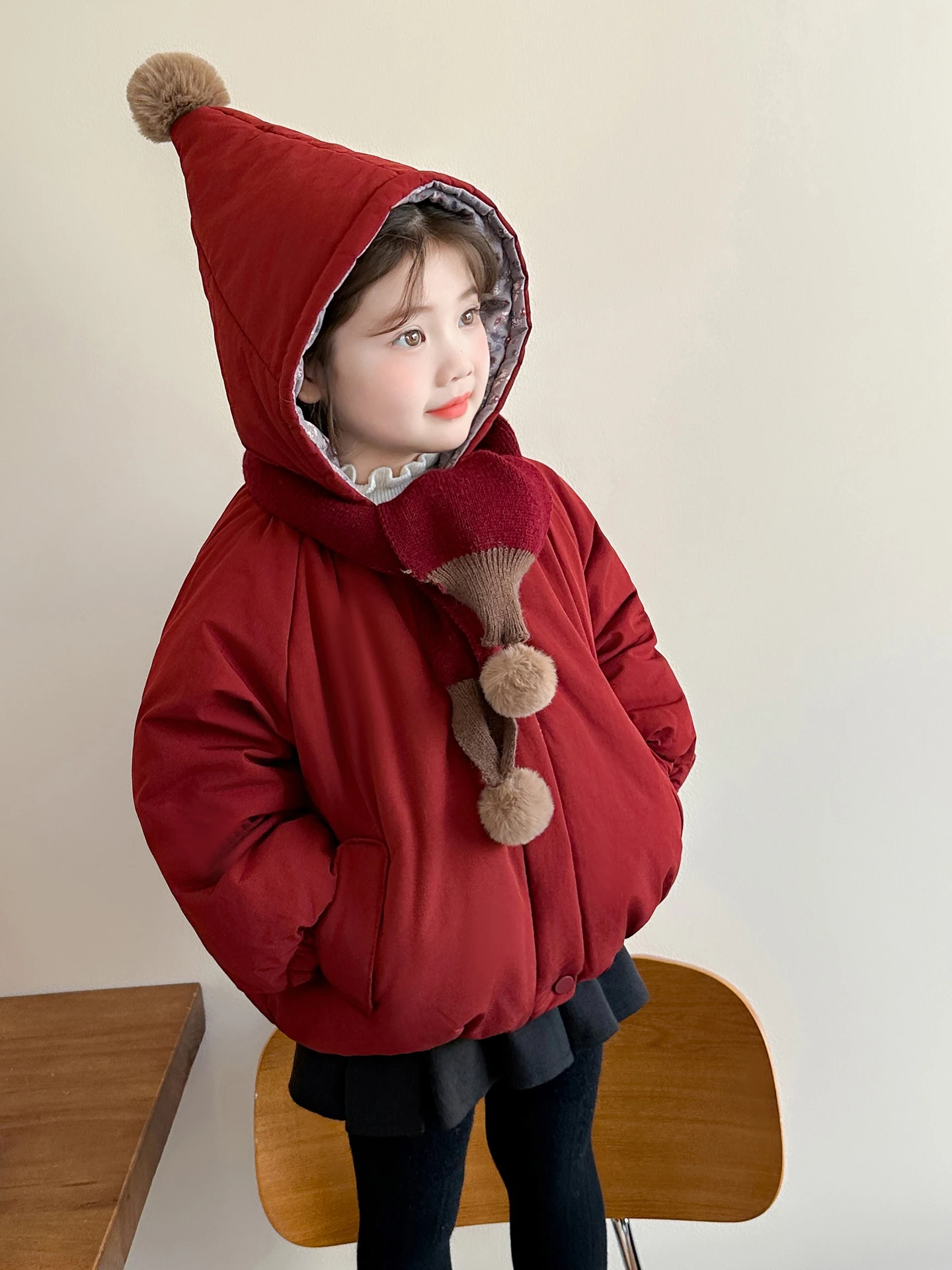 

Thiened Fce Winter Jaet for Baby Girls Red New Year Outfit Trendy Children's Clothing Sweet Sle Long Sve Zipper