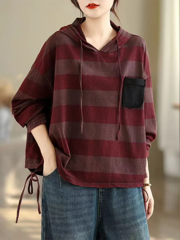 Amax LuluE 2025 hiver mode à capuche rayé t-shirts femmes coréen vêtements décontractés en vrac dames classique élégant Vintage hauts