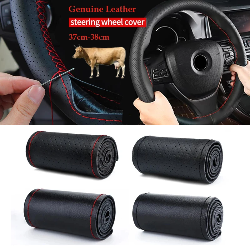 Genuine Leather Steering Wheel Cover Anti-Slip Braiding Cover For Steering Wheel Cowhide 37cm-38cm Steering Wheel Protector