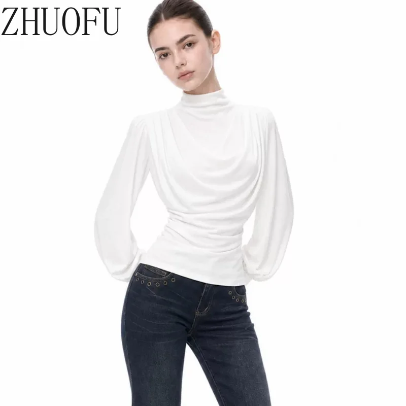 Women's Swinging Collar Design Lantern Sleeve Semi-turtleneck T-shirt Versatile Slim Long-sleeved Bottoming Shirt Ladies New