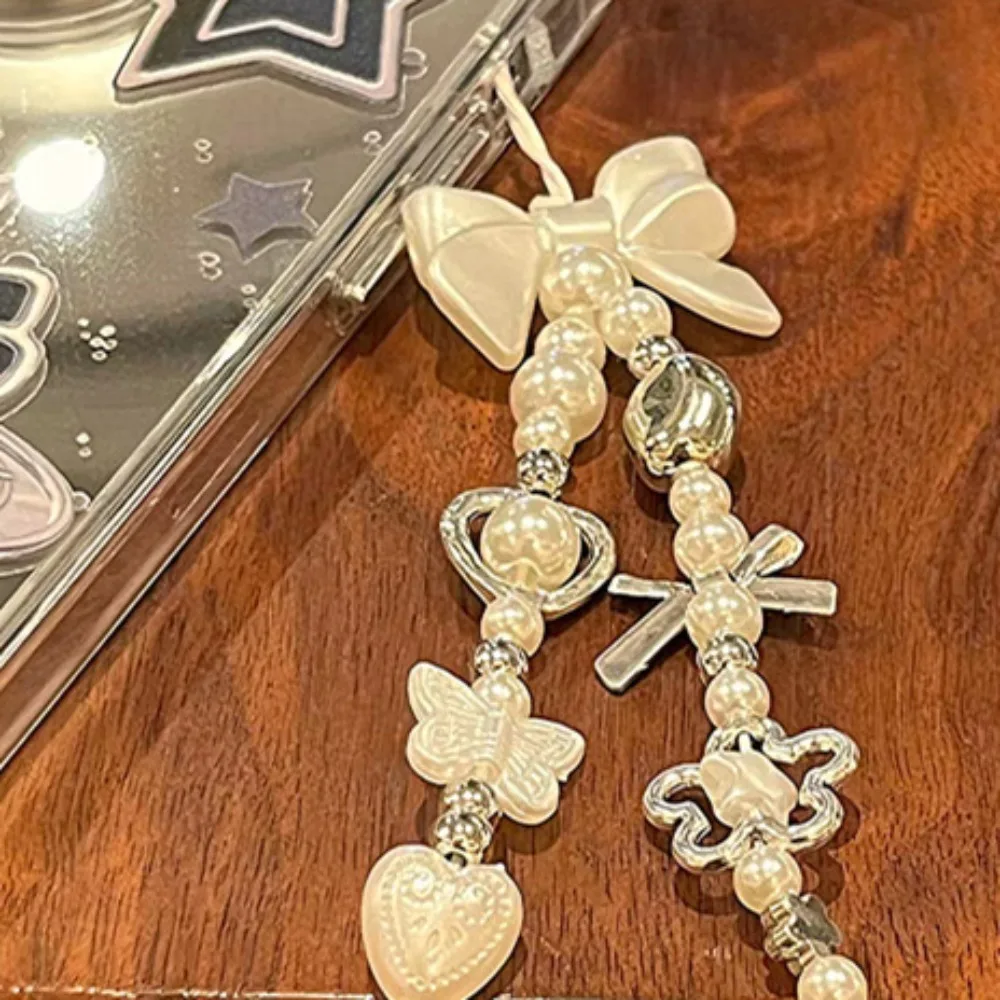 Korean Cute Baroque White Bow Flower Beaded Phone Chain Charm Lanyard For iPhone Samsung Universal Accessories Jewelry Pendant
