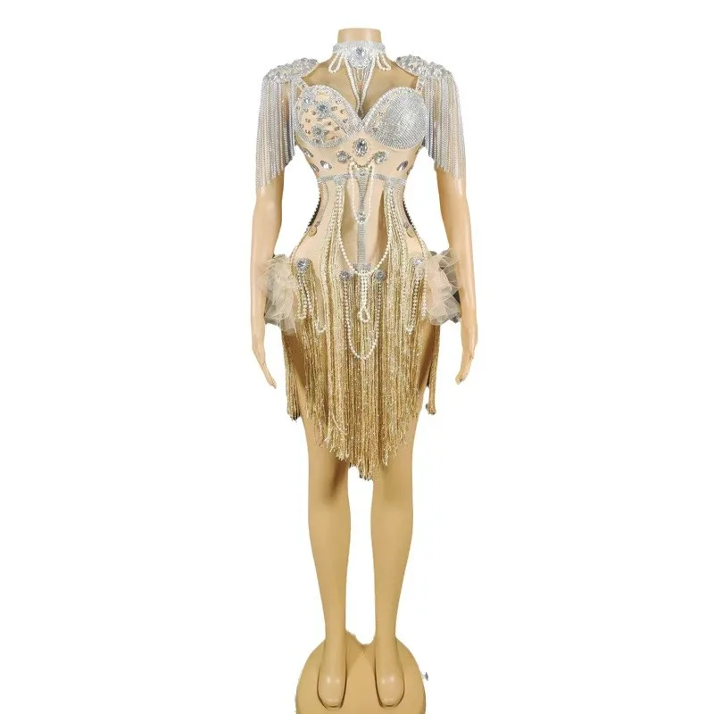 의상 무대 쇼 다이아몬드 럭셔리 민소매 백리스 술 드레스 숙녀 우아한 댄스 파티 멋진 한 Robe De Soirée Femmes