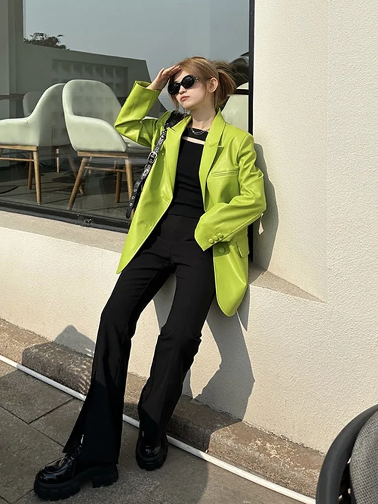 New Casual Fluorescent green Pu Leather Jacket Women Loose Leather Blazer Coats Spring 2023