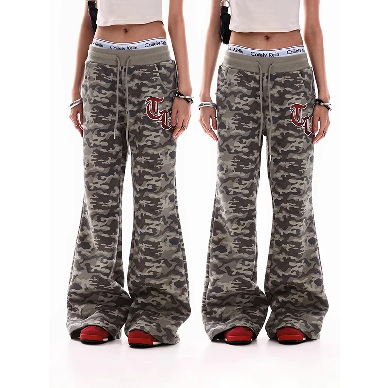 American sle retro high street camuflagem calças de trabalho feminino verão solto casual perna reta esportes calças largas perna