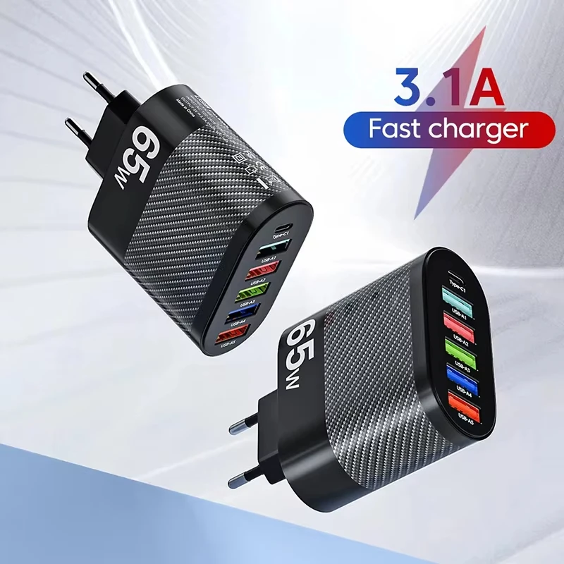 65W 5 Ports USB Type C Charger 3.1A PD Portable Charging Adapter For Mobile Phone EU US UK Plug Charging QC 3.0 Wall Charger