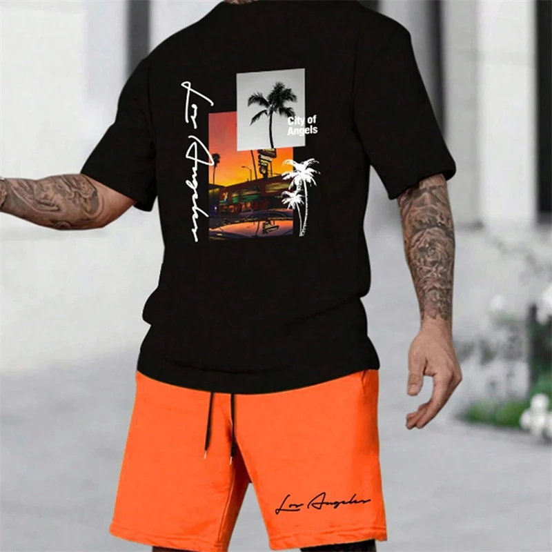 

2025 Summer New Men's Short Sleeve Palm Tree Print 2 Piece Drawstring Shorts Set Fashion Men's Vacation Beach Casual Suit
