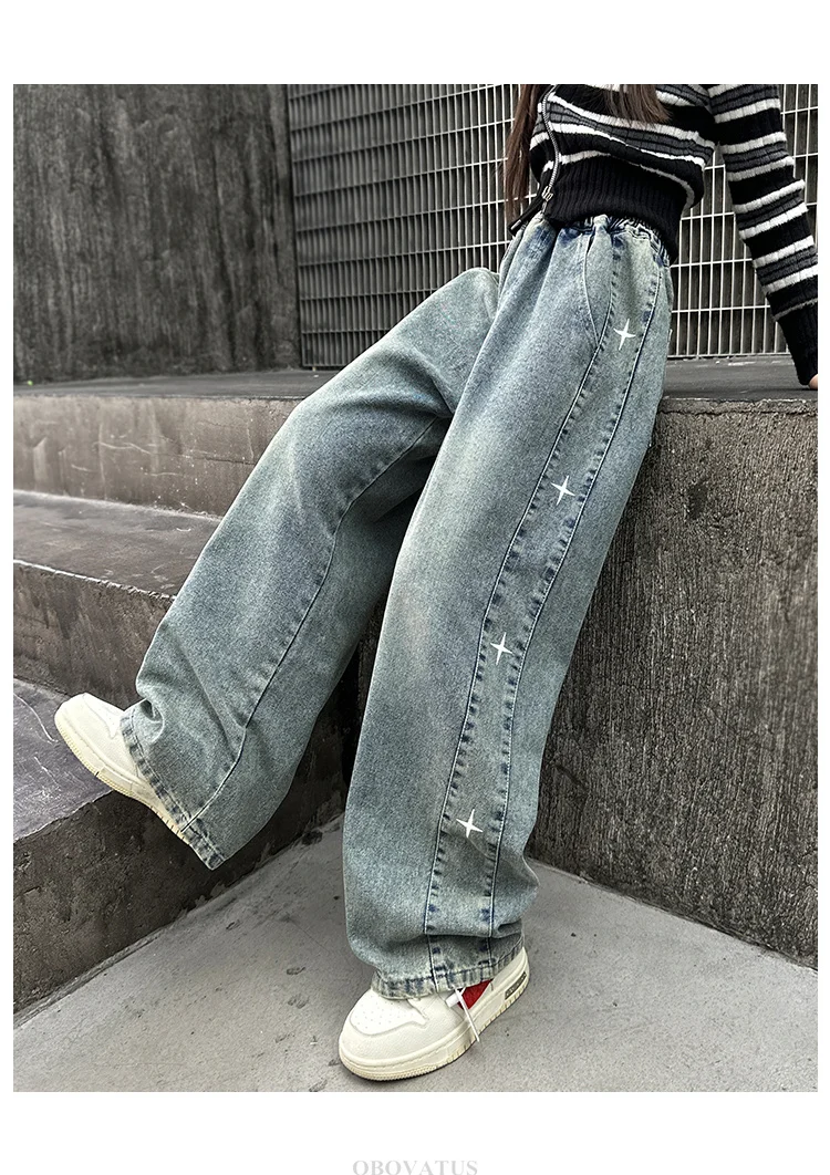 American Girls Retro-Jeans mit Sternen, Kinder Trendige Grafik-Design Gerade Denim-Hose, Kinder Street Hip-Hop Jeans Hose – Detail 4