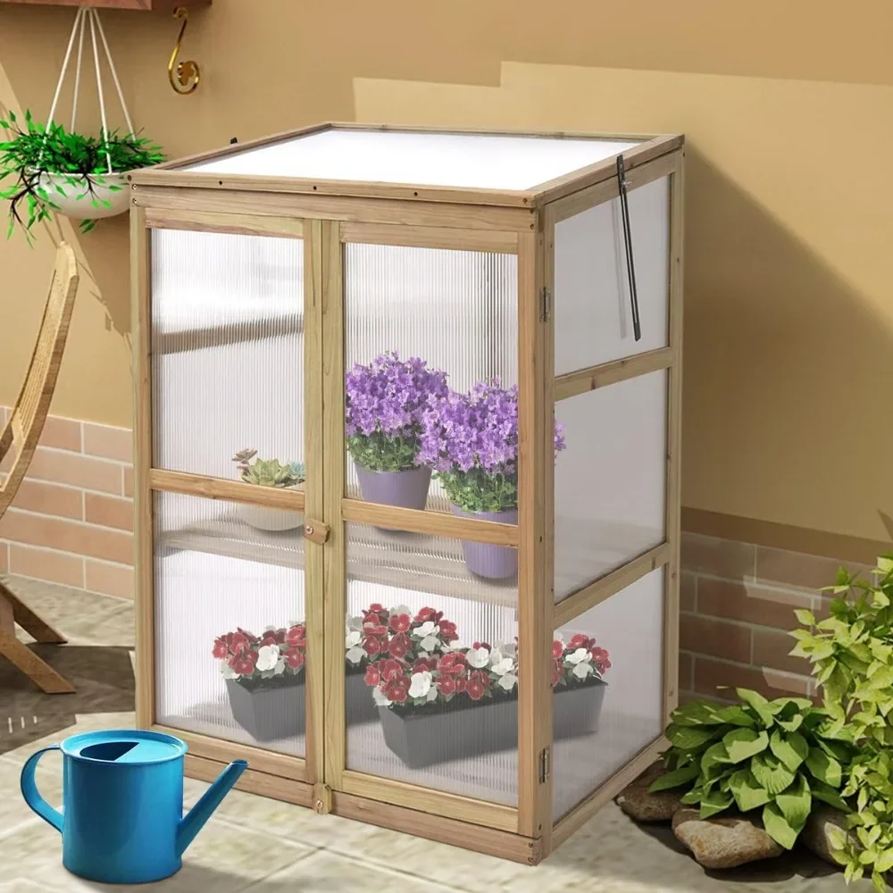 

Wooden Cold Frame Greenhouse, 30" L x 22.5" W x 43" H Wood Garden Raised Flower Planter Shelf with Hard Translucent PC