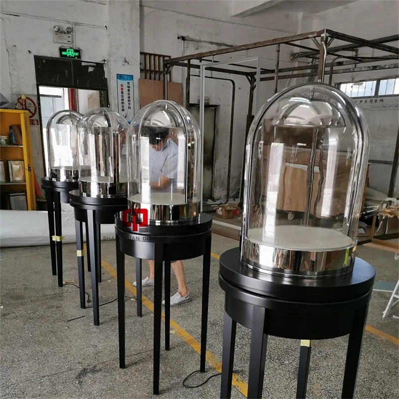 Lemari Pajang Perhiasan Kaca Mewah Model Baru, Bentuk Bulat, dengan Lampu LED