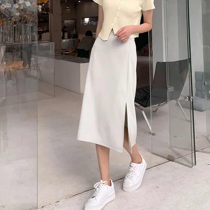 

Midi Skirts For Women High Waist Solid Color Female Slit Skirts 2026 Summer Elegant Streetwear Ladies Bodycon A- Line Skirts