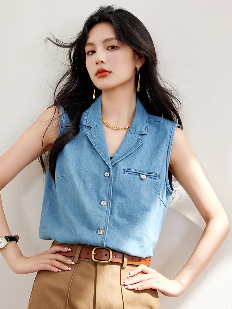 Vintage Sleeveless Tank Top Women Fashion Turn-down Collar Casual Vest Shirts Spring Summer Casual Denim Shirt