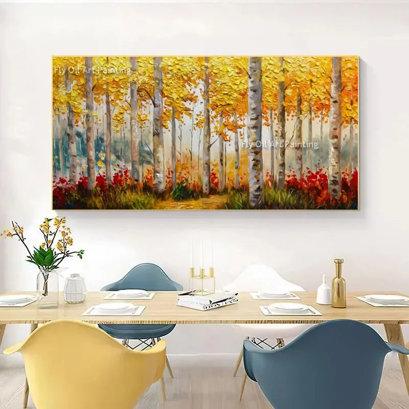 Thick Impasto Hand Painted Landscape Artwork, Vibrant Autumn Birch Grove Oil Painting, Wide Horizontal Canvas Home Wall Decor
