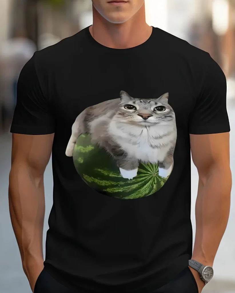 Navy Blue Men'S T-Shirt Featuring A Light Gray and White Cat Lounging on A Casual Outings Paired Ack Trousers and A Wristwatch