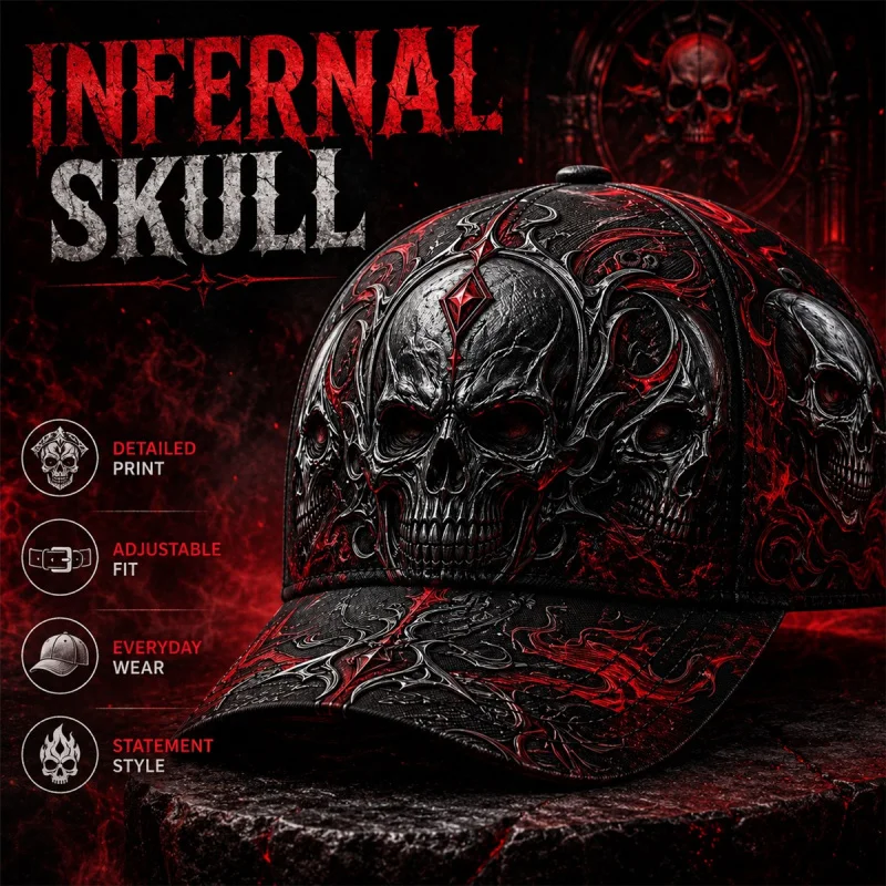 Baseball cap with red and black skull triptych pattern, gothic flame scroll art, suitable for Halloween parties, travel, street fashion, everyday casual wear, gifts, and casual accessories