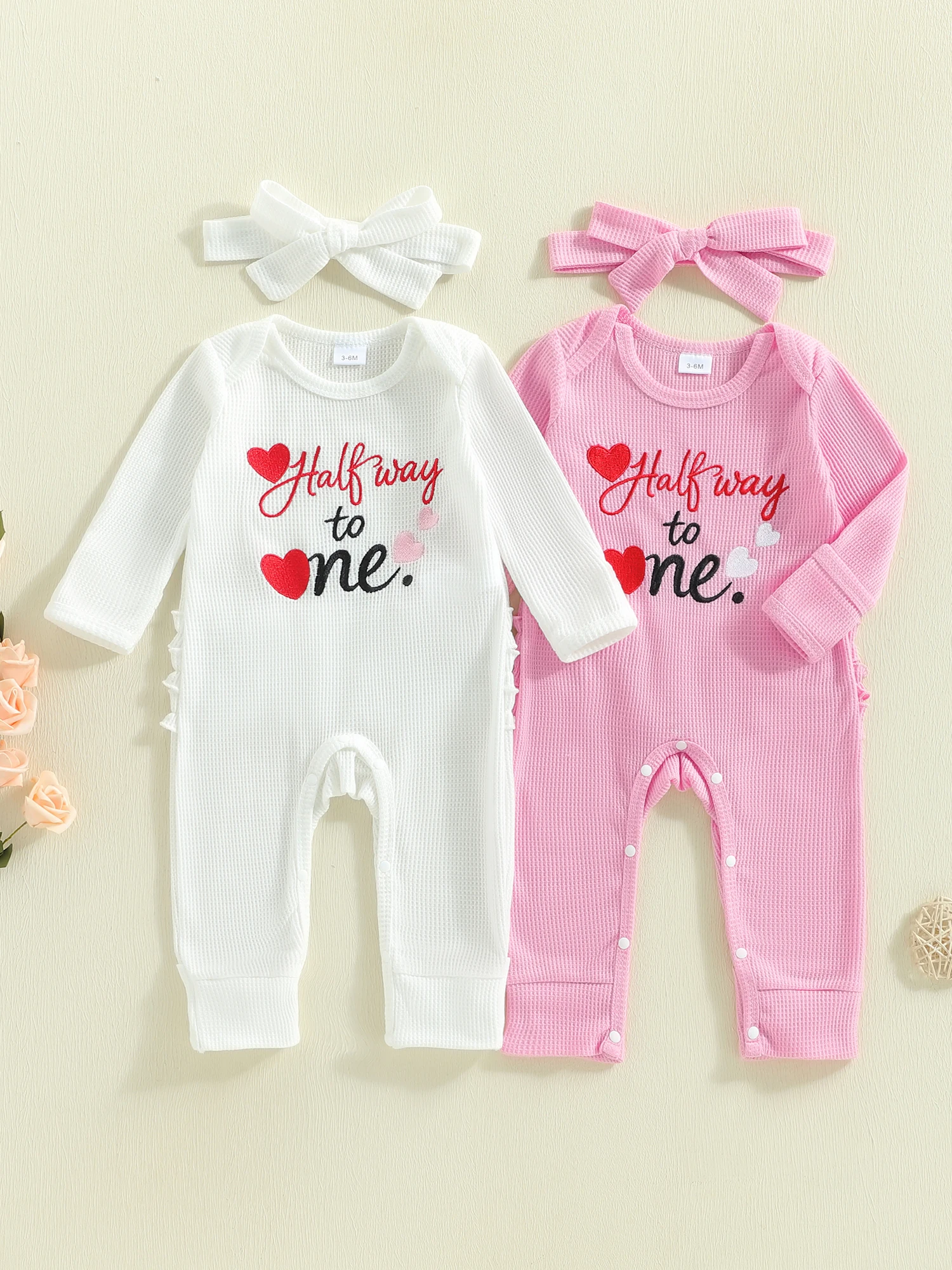 

Toddler Girl Pink Heart Print Ruffle Sleeve Romper and Headband Set for Valentine s Day Celebration - 2 Piece Adorable Outfit