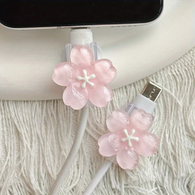 2pcs Cherry Blossom Cord Saver Sleeve Cable Protector Data Line Protection Kit For iPhone Type-C Charging Interface