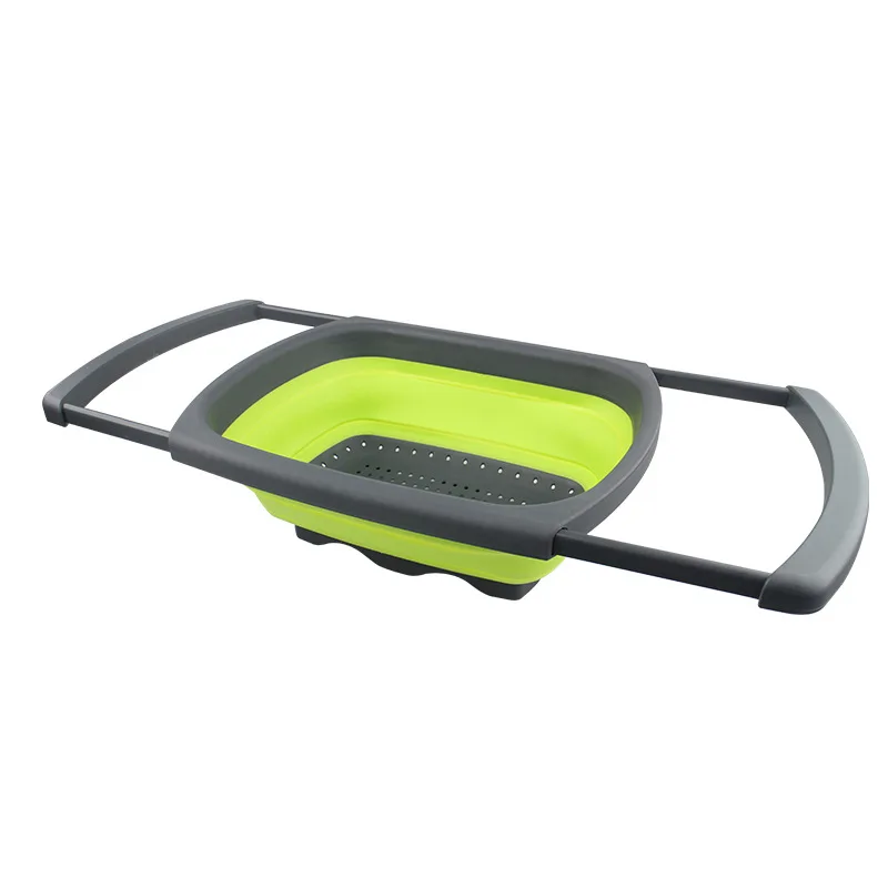 Retractable Drain Basket Folding Fruit Basket Stretching Rectangular Storage Rubber Plastic Vegetable Washing Kitchen Gadgets
