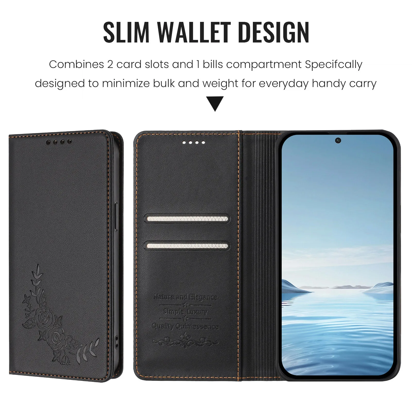 Magnetyczne etui z klapką ze skóry do Samsung Galaxy A57 A37 A27 A17 A07 A56 A36 A26 A16 A06 z przegródką na karty, funkcją podstawki i ochroną przed wstrząsami. — zdjęcie produktu 4