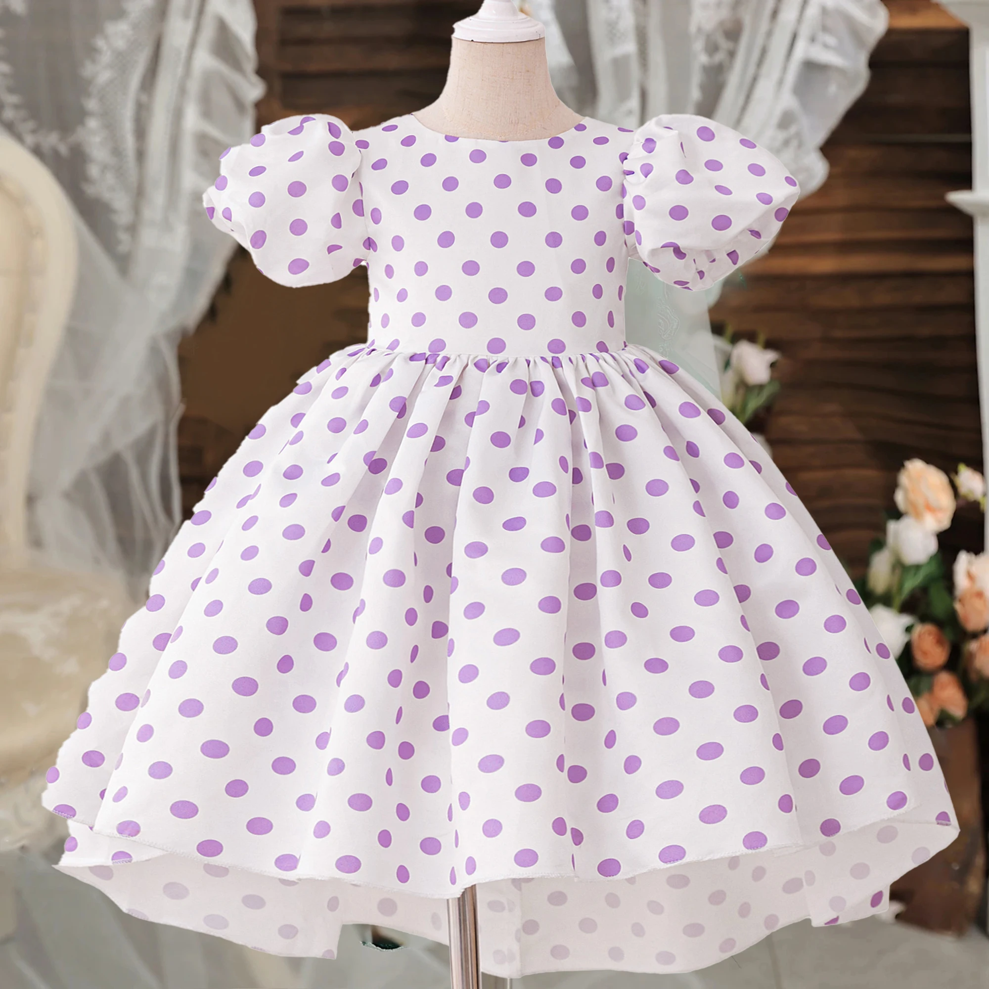 Модные платья для крещения в горошек для девочек 2-10 лет, элегантные свадебные вечерние платья подружки невесты, костюм принцессы для выпускного вечера на день рождения