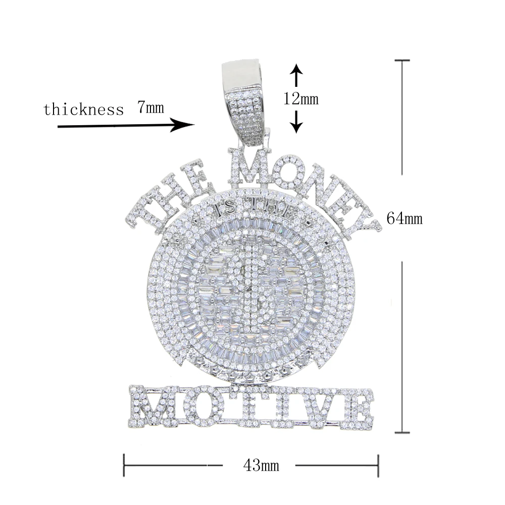 Iced Out Bling Letters The Money Motive Pendant Necklace Silver Color 5A Zircon Round Charm Necklaces Men's Hip Hop Jewelry