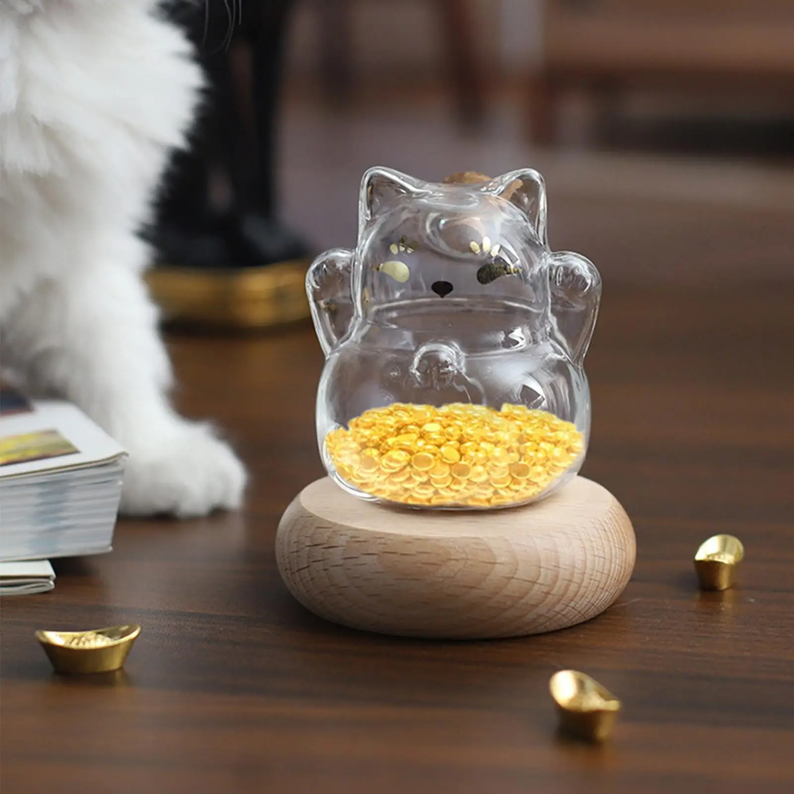 Glasdose, Münzbank, dekorative Spardose, klarer goldener Bohnenbehälter, Katzenform, Spardose für Bücherregal, Ausstellungsstand, Wunschstern