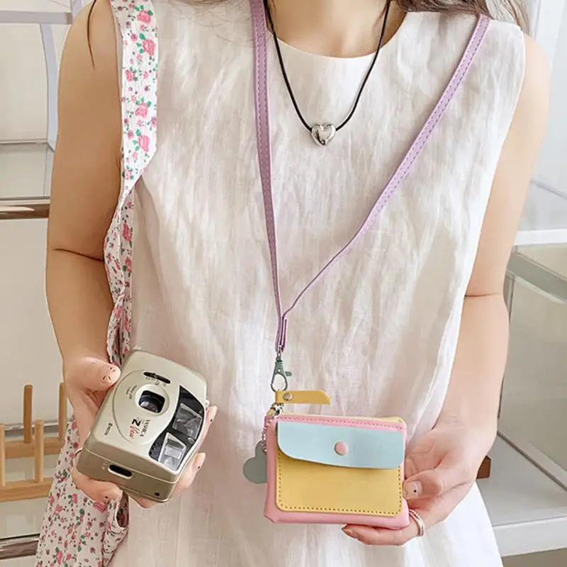 Neck Hanging Coin Purse New PU Earphone Storage Bag Mini Wallet Anti-theft Contrasting Color Small Key Bag