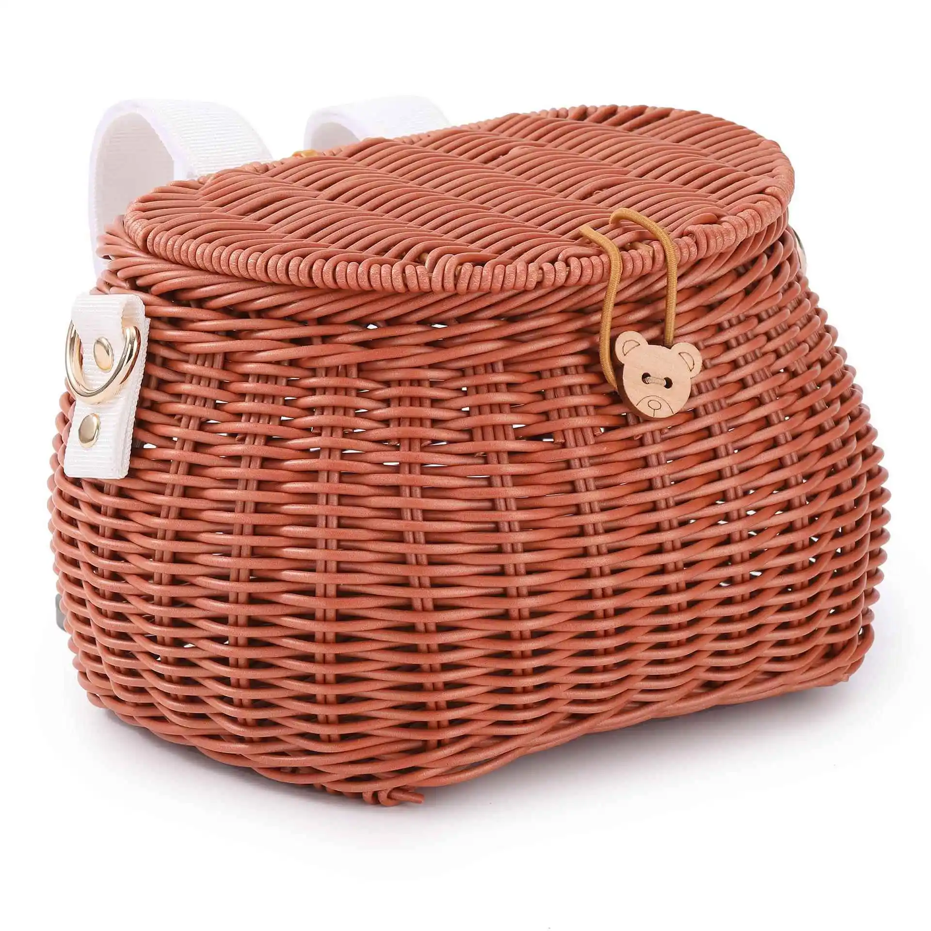 

Handwoven Front Bicycle Basket Pre-Installed Wicker Basket with Cover Double Shoulder Strap Diagonal Crossbody Children's Bag