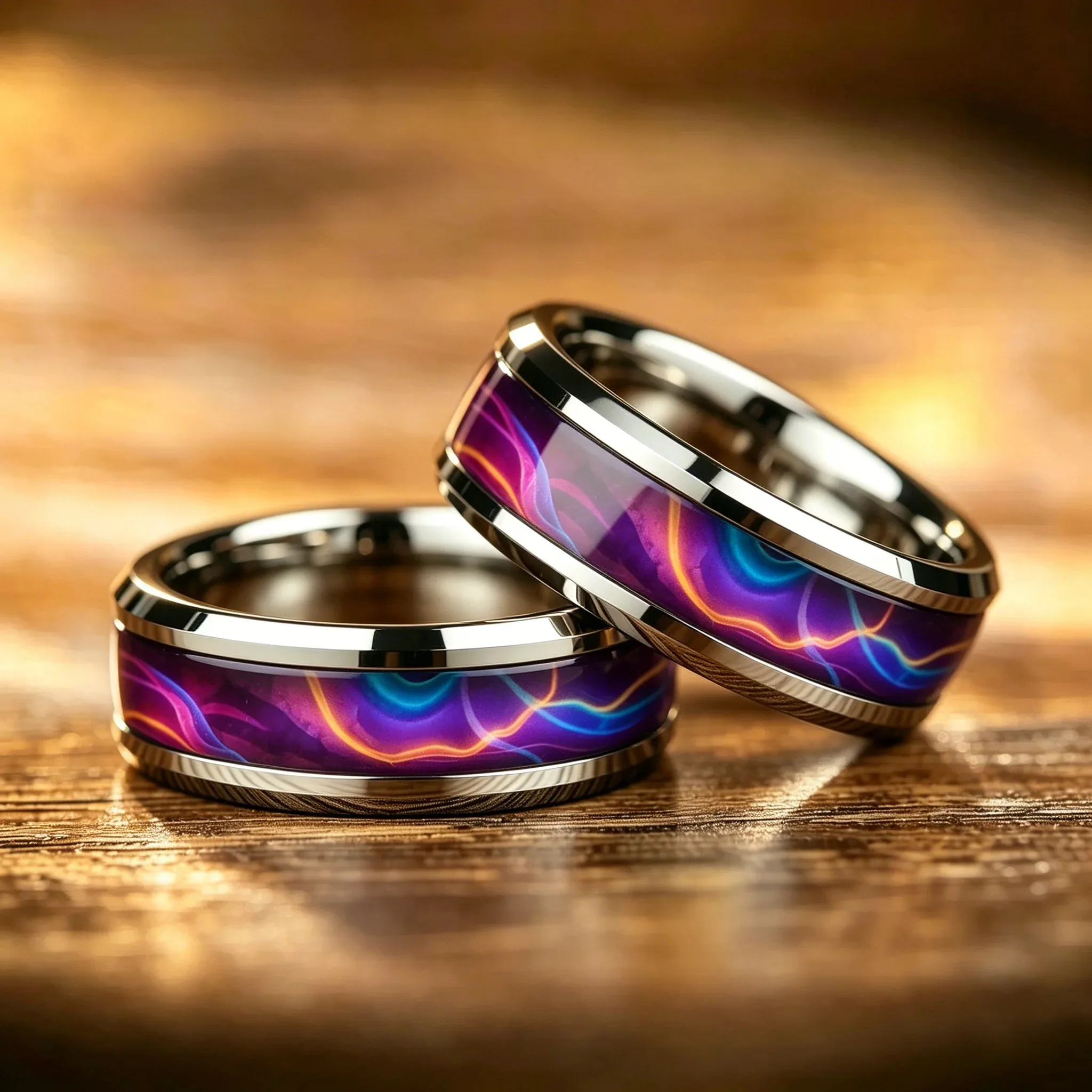Men Stainless Steel Rings, 8mm Galaxy Style Rainbow Abalone Shell Inlay Polished Beveled Edge Rings for Men Wedding Bands