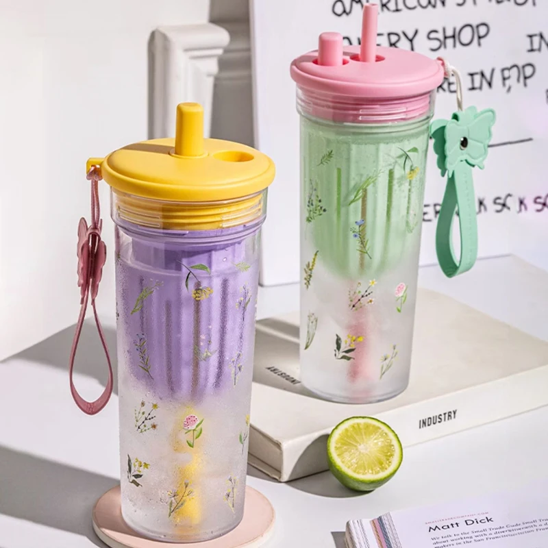 Girls' Suction Tube Cup Portable Pastoral Colorful Water Cup Summer Tumbler Large Capacity Reusable Plastic Cup Water Bottle