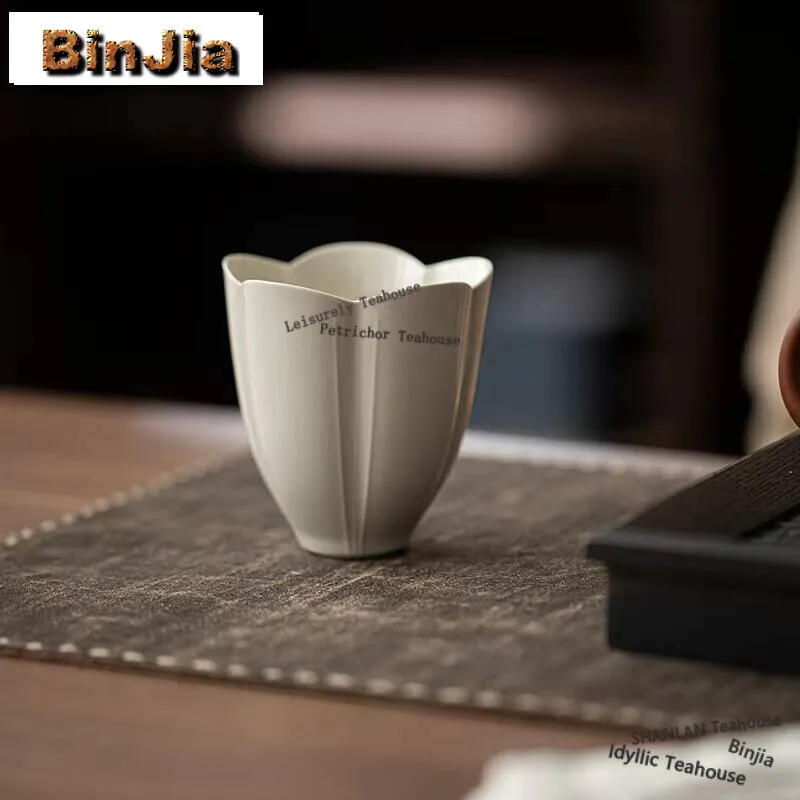 

105ml Retro Grass Wood Gray Glazed Teacup Handmade Flower Mouth Master Cup Large Gathering Fragrance Cup Smlling Mug Drinkware