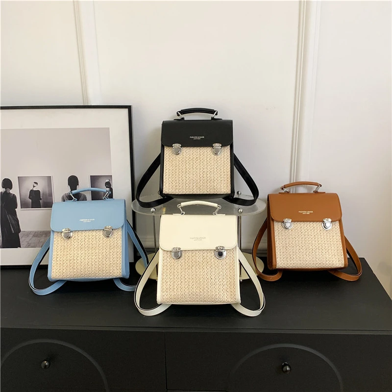 PU and Straw Fashion Backpack High Quality Simple Versatile Shoulder and Crossbody Bags for Women 2024 Designer New Style Summer