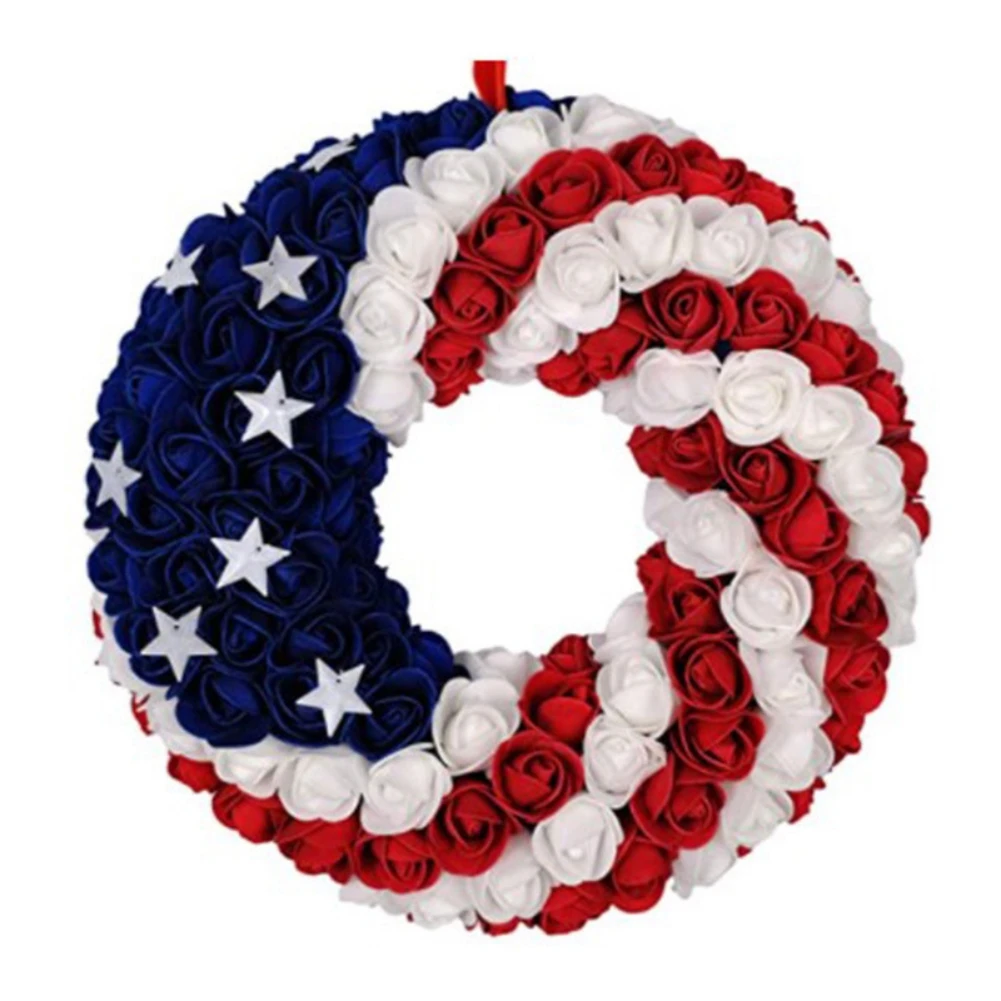 

13 Inch Independence Day Color Clash Foam Hanging Round Wreath Home Window Holiday Hanging Simulation Wreath Decoration Props