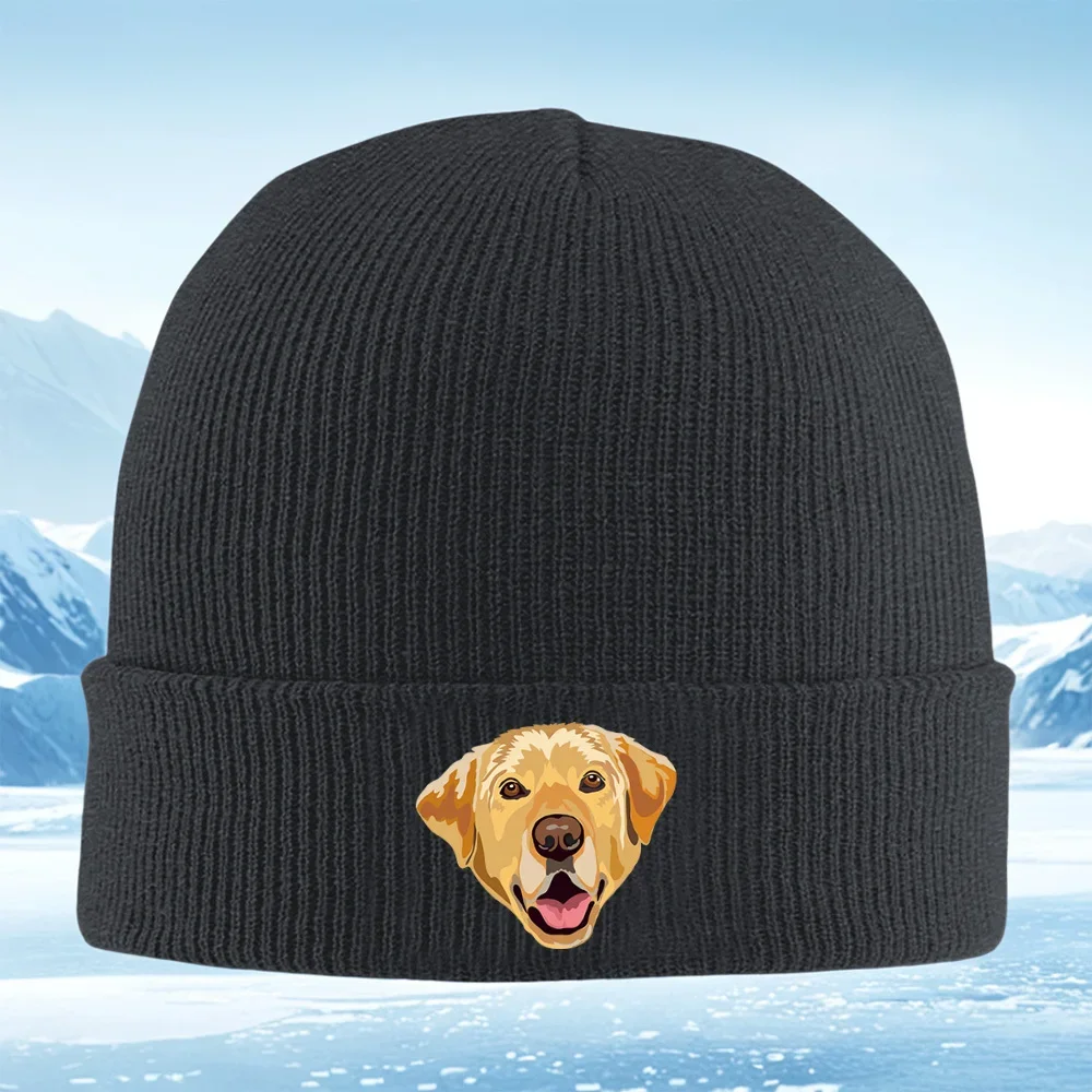 2026 Smiling dog portrait artwork happy face Men Women Unisex Knitted Hat Beanie Pullover Cap Winter Thermal Warm Christmas Outd
