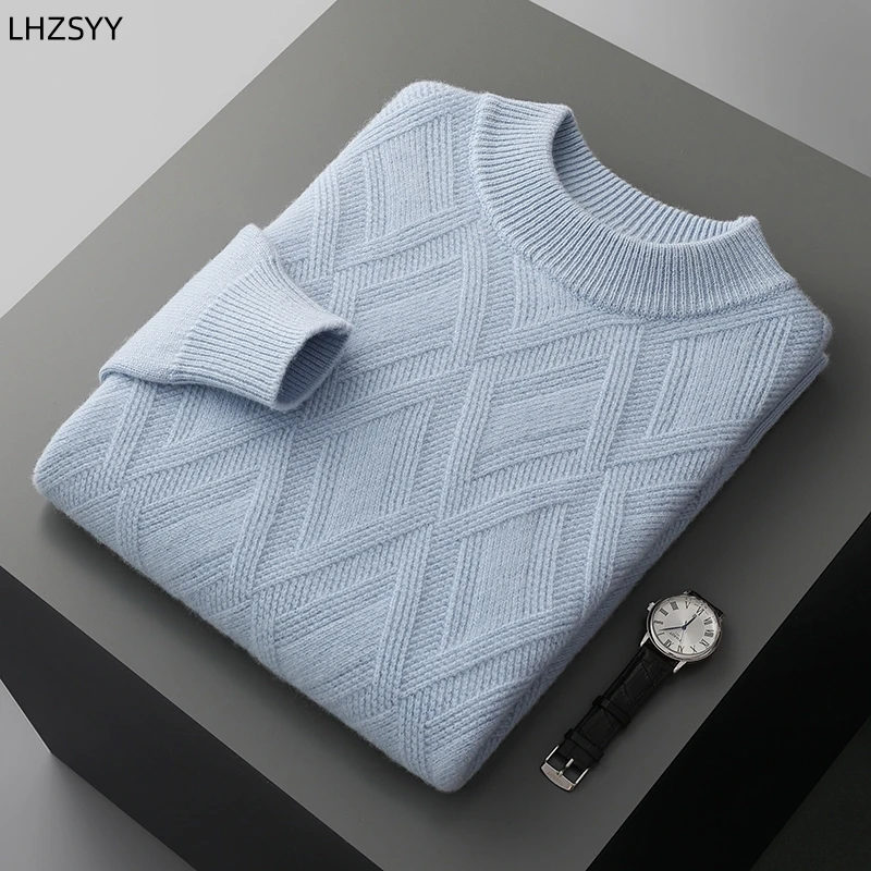 LHZSYY Men's 100%Cashmere Sweater Winter Half-Neck Thicken Pullovers Youth Casual Tops Diamond Knit Base Shirt Large Size Jacket