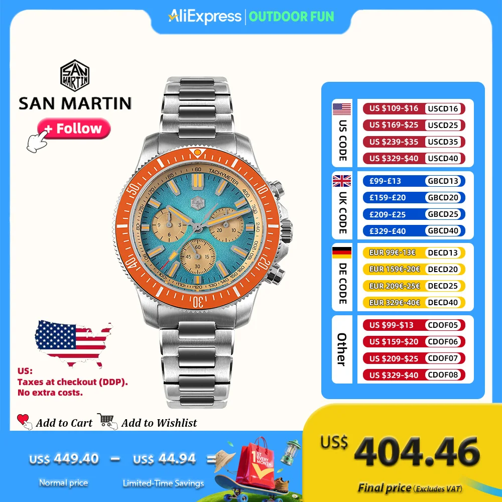 

San Martin 40 мм дайверский хронограф автоматические часы для мужчин китайский павлин SL-4801 сапфировый светящийся водостойкий 20 бар SN0118G-JS