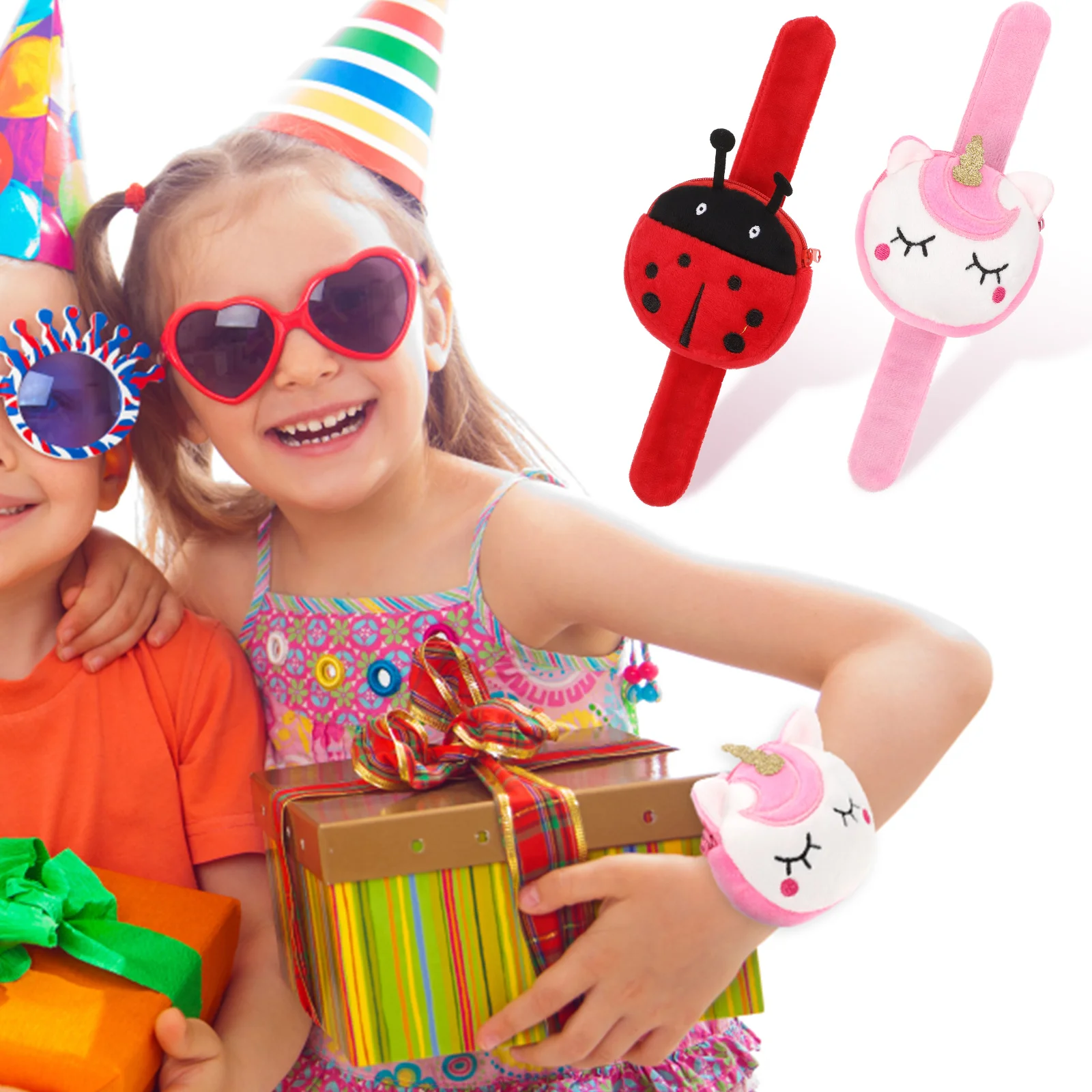 2 Pcs Ring Coin Purse Huggers Plush Toy Stuffed Animal Slap Bracelet Wrist Bands Baby Purses Kids Bracelets