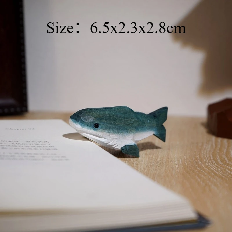 1PC Cute Hand Carved Wooden Mini Blue-Green Shark Figurine Unique Home Office Computer Desk Bookcase Decor Cartoon Wood Ornament