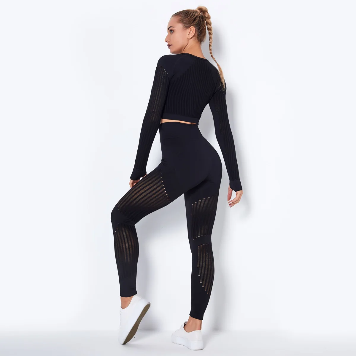 Xlwsbcr Hollow Out Seamless Yoga Set Sport Outfits Women Black Crop Top Bra Leggings Workout Gym Suit Fitness Sport Sets