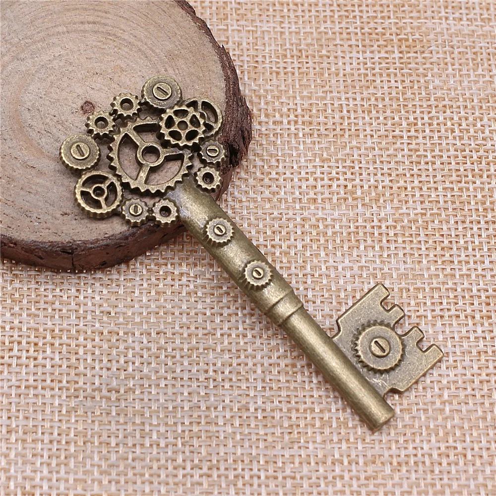 WYSIWYG 2pcs 32x72mm Vintage Charms Hollow Steampunk Gear Key Pendant 2 Colors Fit Bracelets DIY Metal Jewelry Making