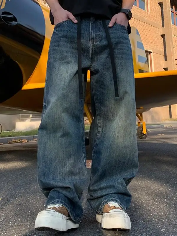 

Мужские джинсы в стиле ретро, американские, синие, из денима, модные, весенне-осенние, свободные, прямого кроя, широкие штанины, в стиле High Street, из смесового хлопка