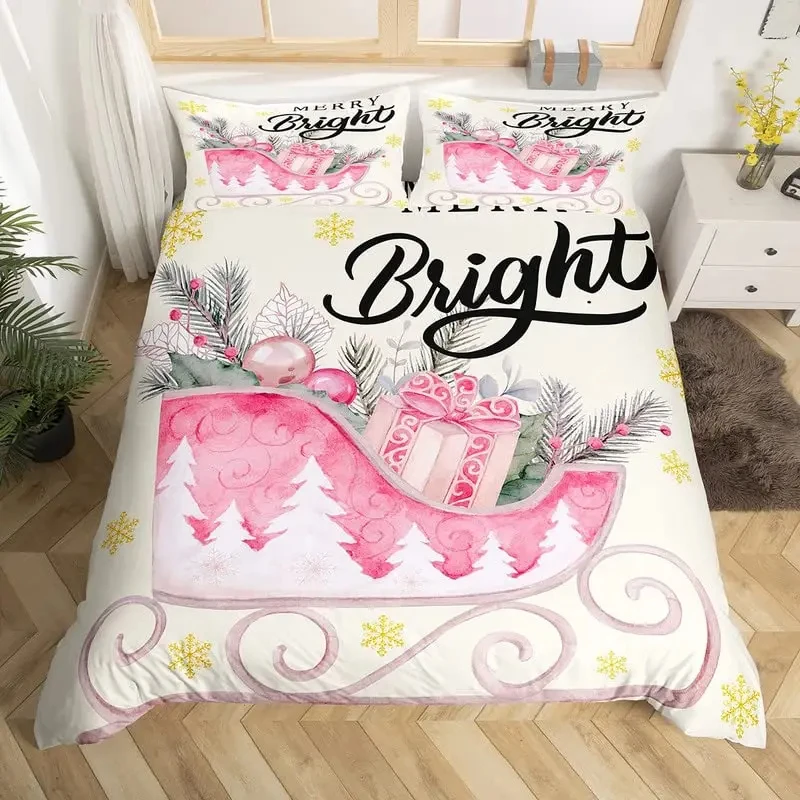Christmas Duvet Cover Christmas Skating Car Bedding Set Microfiber Pink Gift Boxes Comforter Cover Set Snowflake Bedspread Cover