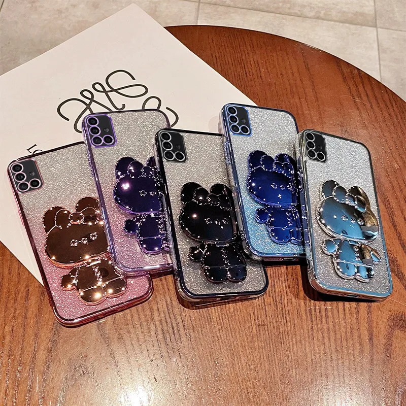 A71 For Samsung Galaxy A71 A72 A52 A54 A34 A24 A23 A22 A14 A12 A02 A03 Gradient Glitter Makeup Mirror Rabbit Folding Stand Cover